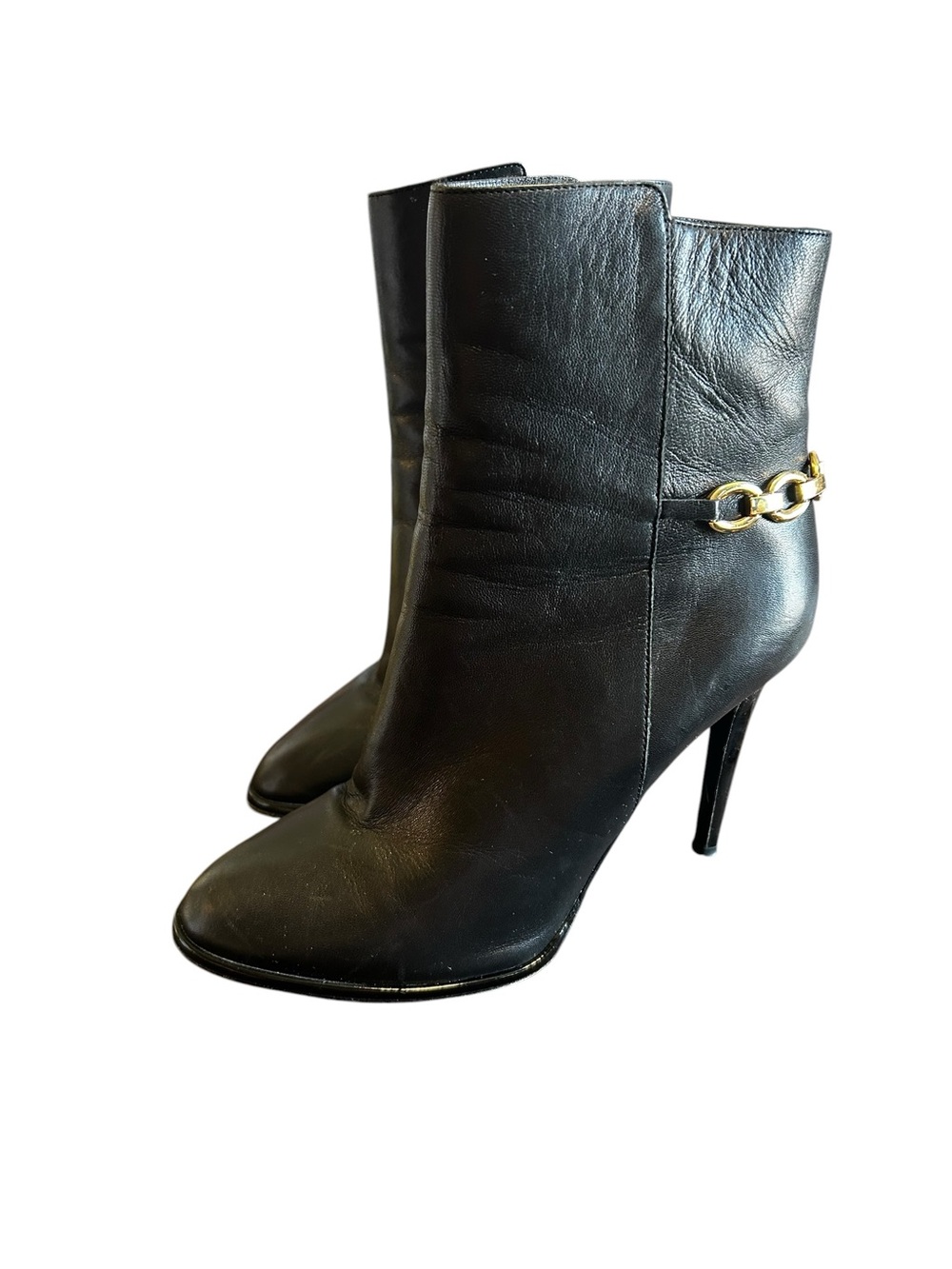 DVF Diane Von Furstenberg Beckett Chain Booties Black Leather Heels 8.5 B Italy - Picture 2 of 5